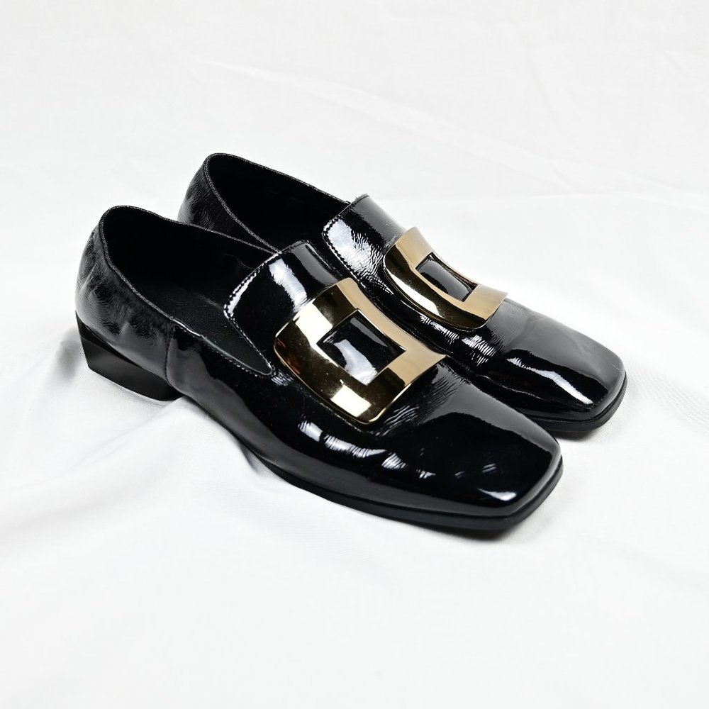 Westory Glossy Black Gold mini Heel Chic special Loafers Shoes
